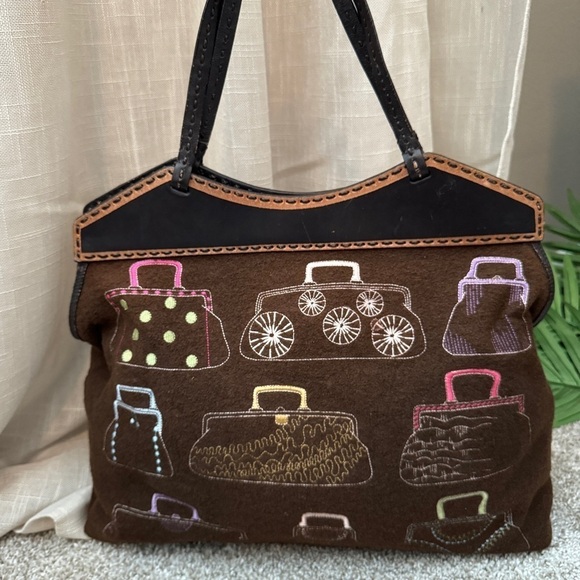 Embroidered Carpet Bag Large Brown Purse Felt & Leather Cute & Whimsical - Picture 1 of 12